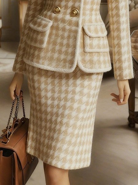 

Elegant Houndstooth Knee Length Skirt, Khaki, Skirts