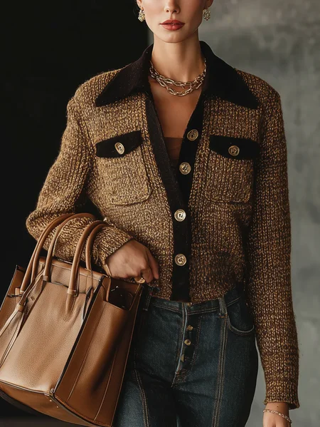 Urban Color Block Shawl Collar Cardigan, Brown, Cardigans