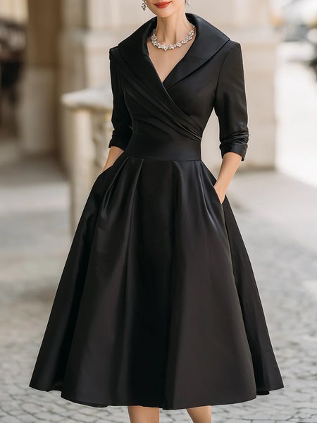 

Elegant Plain Ruched Shawl Collar Midi Dress, Black, Midi Dresses