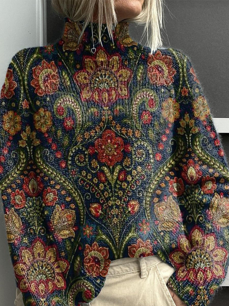 

Women Floral Printing Spring/Fall Vintage Long Sleeve Turtleneck Sweater, Purplish blue, Sweaters