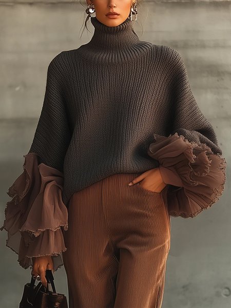 

Casual Color Block Split Joint Turtleneck Balloon Sleeve Sweater, Gray, Pullovers