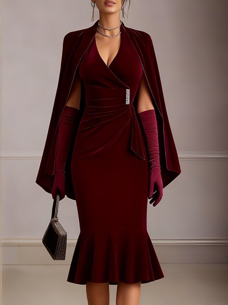 

Elegant Plain Regular Sleeve Peplum Midi Dress, Wine red, Midi Dresses