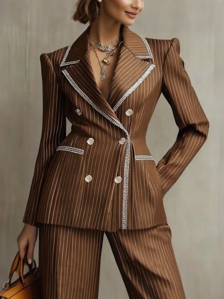 

Urban Buttoned Binding Striped Lapel Collar Blazer, Brown, Blazers