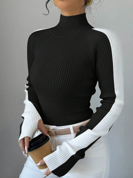 

Yarn/Wool Yarn Casual Color Block Split Joint Sweater, Black, Pullovers