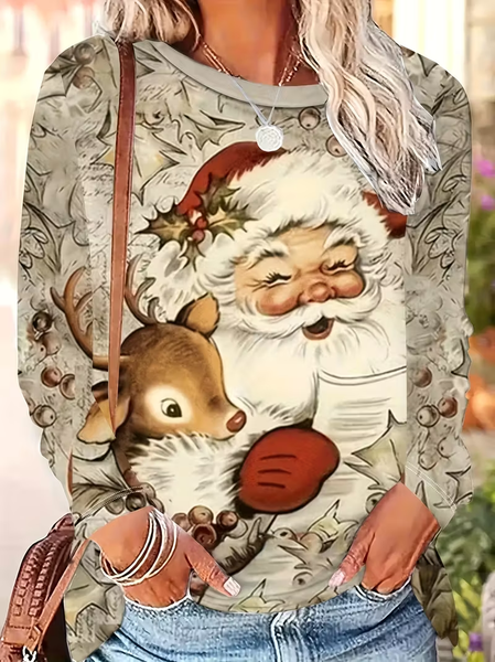 

Women Santa Claus Long Sleeve Tee T-shirt Crew Neck Printing Casual Spring/Fall Graphic Tee Top, Oatmeal, T-Shirts