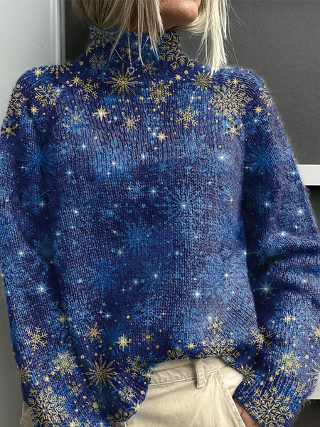 

Women Christmas Printing Spring/Fall Vintage Long Sleeve Turtleneck Sweater, Blue, Sweaters