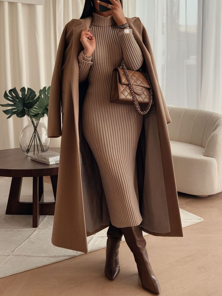 

Urban Plain Mock Neck Sweater Maxi Dress, Khaki, Midi Dresses