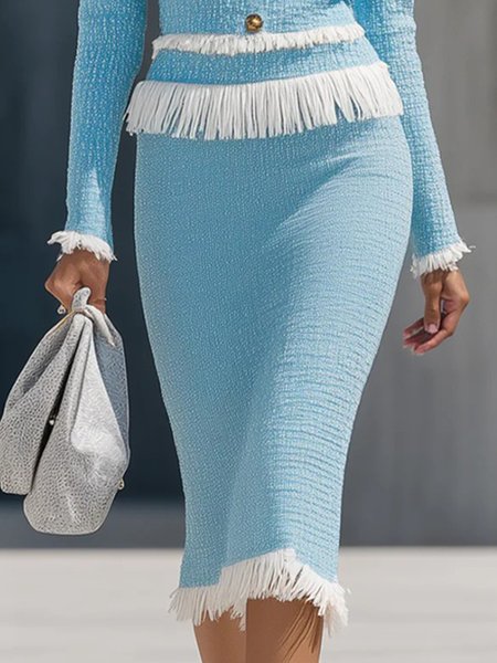 Elegant Tassel Tweed Plain Midi Skirt