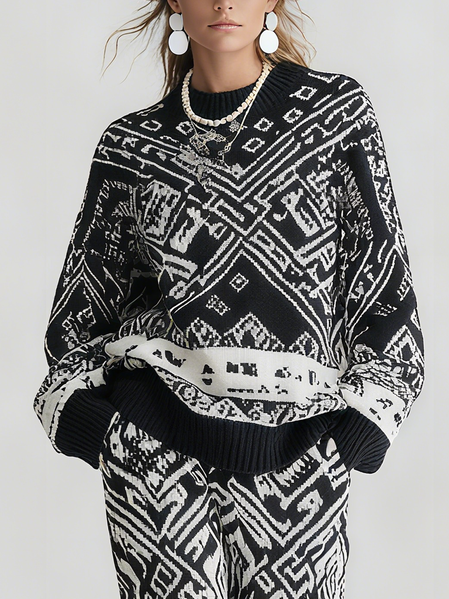 

Yarn/Wool Yarn Casual Color Block Mock Neck Sweater, Black, Pullovers