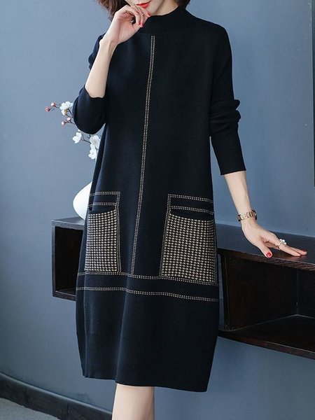 

Casual Color Block Stand Collar Sweater Dress, Black, Midi Dresses