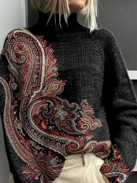 

Women Ethnic Printing Spring/Fall Vintage Long Sleeve Turtleneck Sweater, Black, Sweaters