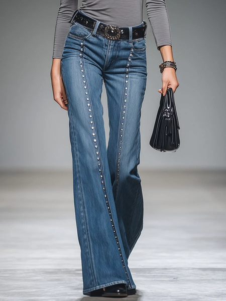 Plain Casual Rivet Regular Fit Jeans With No Belt