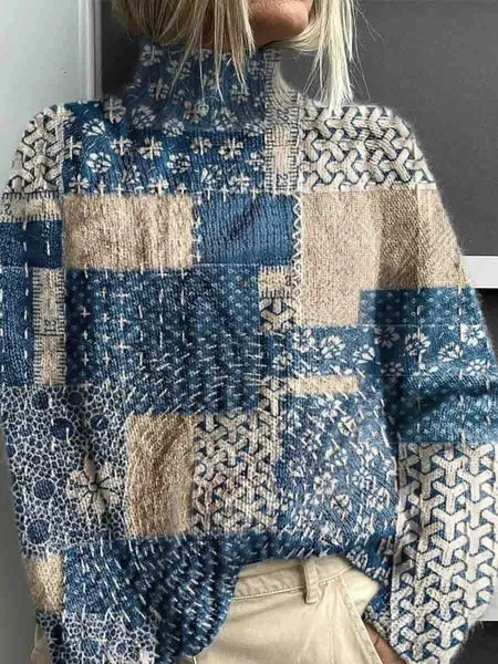 

Women Abstract Printing Spring/Fall Vintage Long Sleeve Turtleneck Sweater, Blue, Sweaters