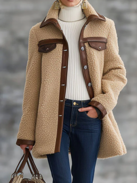 

Casual Color Block Shirt Collar Teddy Jacket, Khaki, Coats