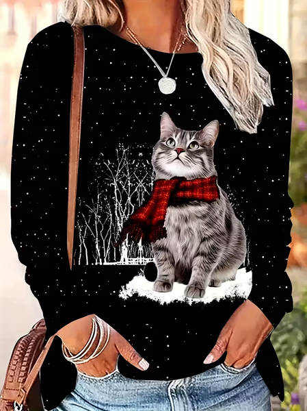 Women Christmas Long Sleeve Tee T-shirt Crew Neck Printing Casual Spring/Fall Graphic Tee Top