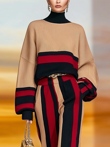 

Yarn/Wool Yarn Urban Color Block Mock Neck Sweater, Wine red, Pullovers