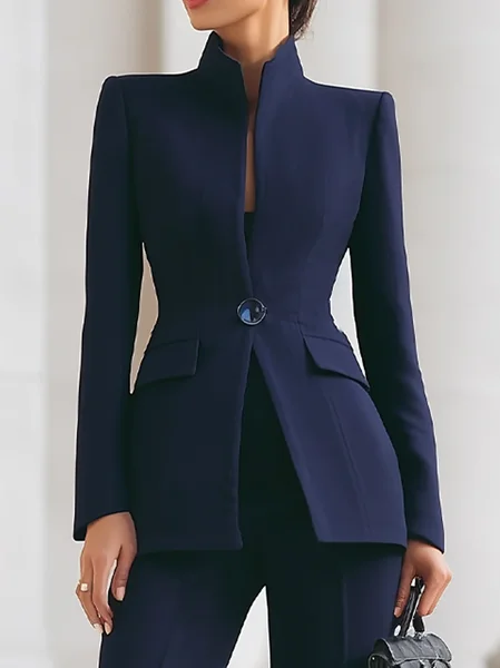 

Urban Buttoned Plain Stand Collar Jacket, Navy blue, Jackets