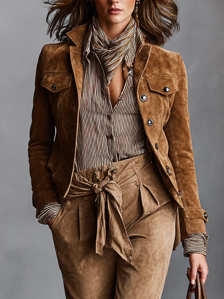 Urban Buttoned Plain Lapel Collar Suede Coat