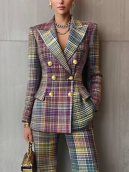 

Plus Size Urban Printing Plaid Lapel Collar Blazer, As picture, Plus Outerwear