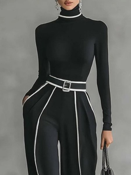 

Plus Size Casual Color Block Turtleneck T-shirt, Black, Plus Tops