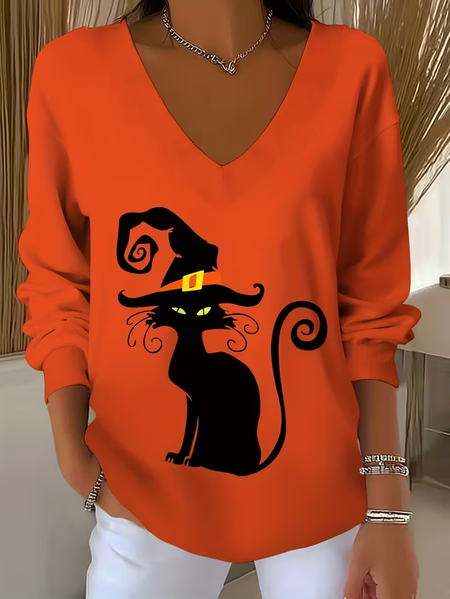 

Women Cat Long Sleeve Tee T-shirt V Neck Printing Casual Spring/Fall Top, Orange, T-Shirts
