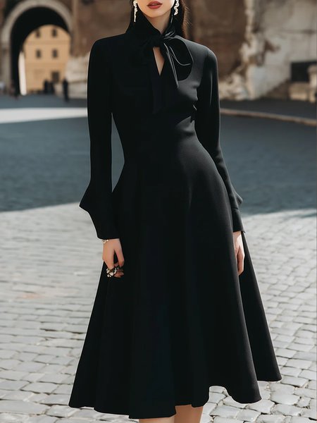 

Elegant Plain Lace-up V Neck Midi Dress, Black, Midi Dresses