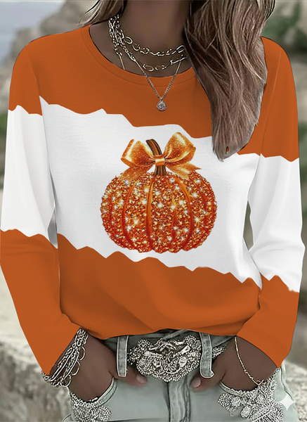 

Women Halloween (pumpkin) Long Sleeve Tee T-shirt Crew Neck Printing Casual Spring/Fall Graphic Tee Top, Orange, T-Shirts