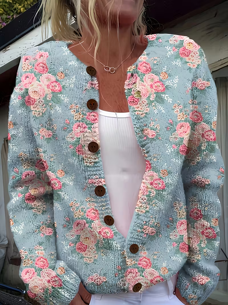 

Women Floral Printing Long Sleeve Crew Neck Vintage Spring/Fall Cardigan Outerwear, Blue, Cardigans