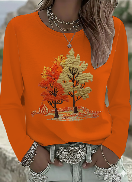 

Women Maple Leaf Long Sleeve Tee T-shirt Crew Neck Printing Casual Spring/Fall Graphic Tee Top, Orange, T-Shirts