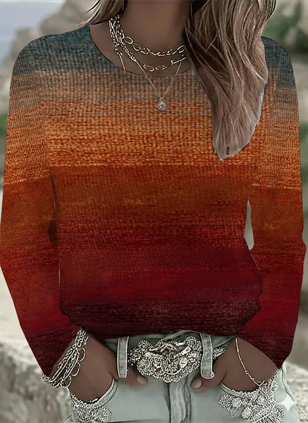 

Casual Abstract Crew Neck Long Sleeve T-shirt, Brown, T-shirts