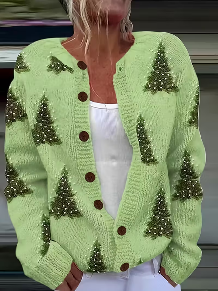 

Women Christmas Printing Long Sleeve Crew Neck Vintage Spring/Fall Cardigan Outerwear, Green, Cardigans