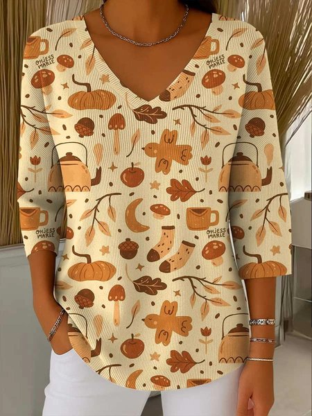 

Vintage Floral V Neck Three Quarter Sleeve T-shirt, Color2, T-shirts