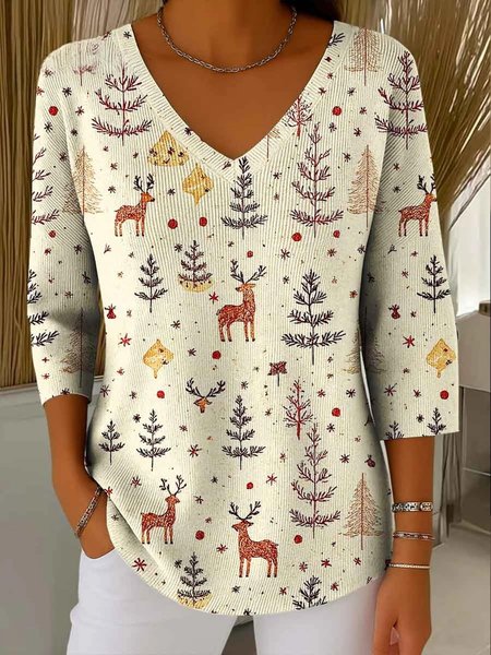 

Vintage Christmas V Neck Three Quarter Sleeve T-shirt, Beige, T-shirts