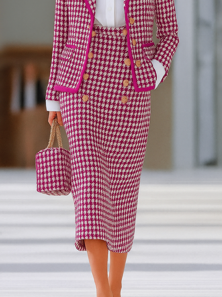 

Elegant Buttoned Houndstooth Midi Skirt, Rose red, Skirts