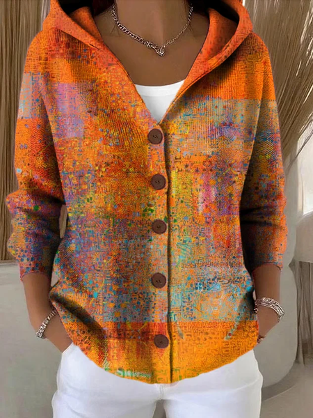 

Women Abstract Printing Long Sleeve Hoodie Casual Spring/Fall Cardigan Outerwear, Orange, Cardigans