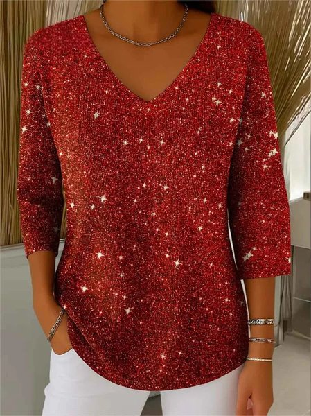 

Vintage Plain V Neck Three Quarter Sleeve T-shirt, Red, T-shirts