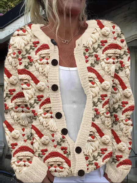 

Women Santa Claus Printing Long Sleeve Crew Neck Vintage Spring/Fall Cardigan Outerwear, Apricot, Cardigans