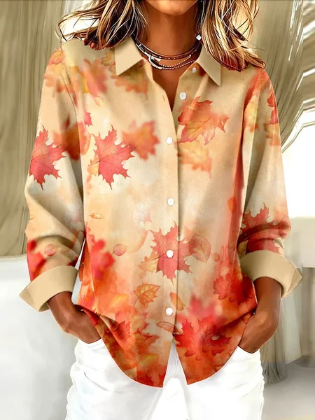 

Women Maple Leaf Long Sleeve Shirt Spring/Fall Buckle Shirt Collar Regular Sleeve Daily Casual Top, Orange, Shirts