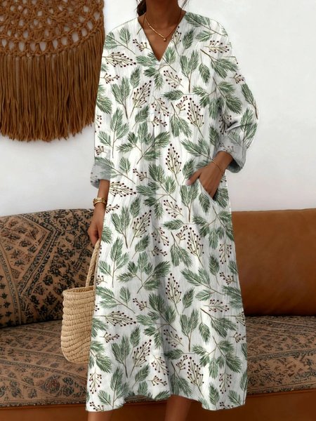 

Women Geometric Spring/Fall Dress V Neck Long Sleeve A-Line Dress, White, Dresses