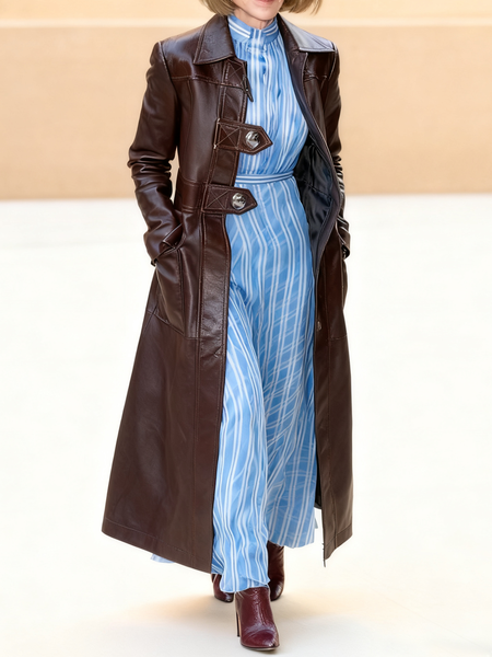 

Urban Plain Shirt Collar Faux Leather Coat, Brown, Jackets