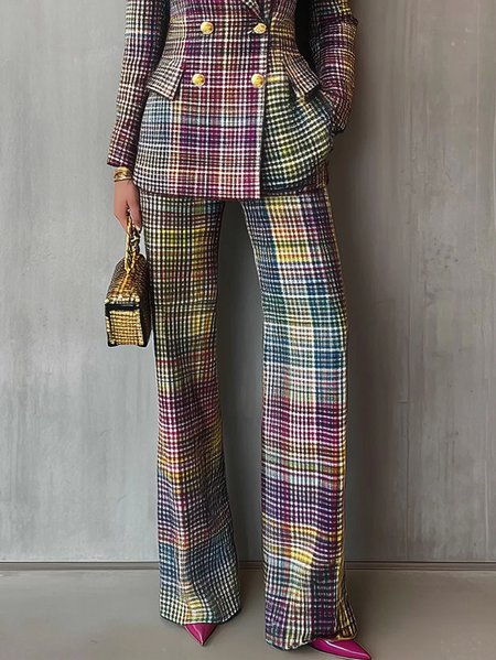 

Plus Size Urban Plaid Printing Straight Pants, As picture, Plus Pants