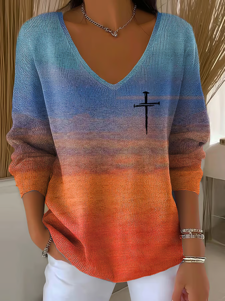 Women Abstract Long Sleeve Tee T-shirt V Neck Printing Casual Spring/Fall Top