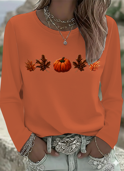 

Women Maple Leaf Long Sleeve Tee T-shirt Crew Neck Printing Casual Spring/Fall Graphic Tee Top, Orange, T-Shirts