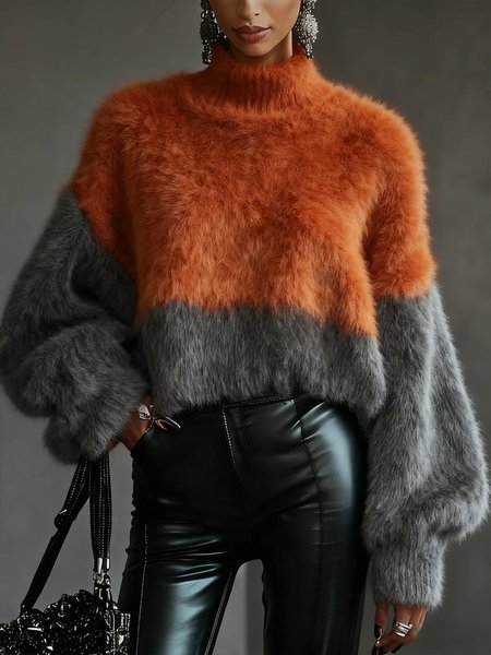 

Casual Color Block Turtleneck Sweater, Orange, Pullovers