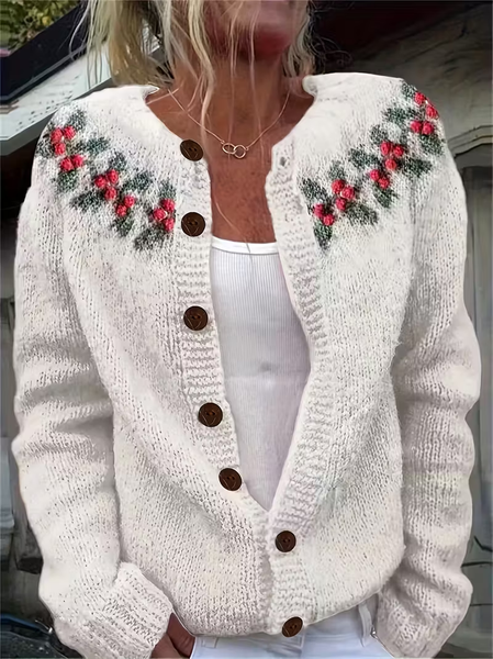 

Women Floral Printing Long Sleeve Crew Neck Vintage Spring/Fall Cardigan Outerwear, White, Cardigans