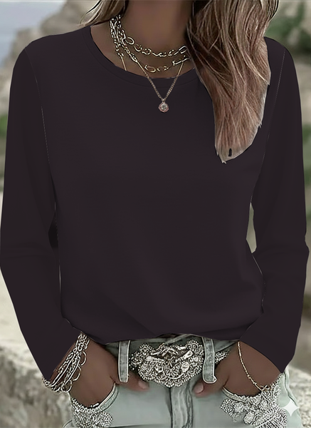 

Women Plain Crew Neck Casual Long Sleeve T-shirt, Black, Long Sleeves