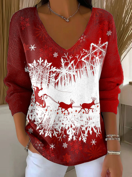 

Women Christmas Long Sleeve Tee T-shirt V Neck Printing Casual Spring/Fall Top, Red, T-Shirts