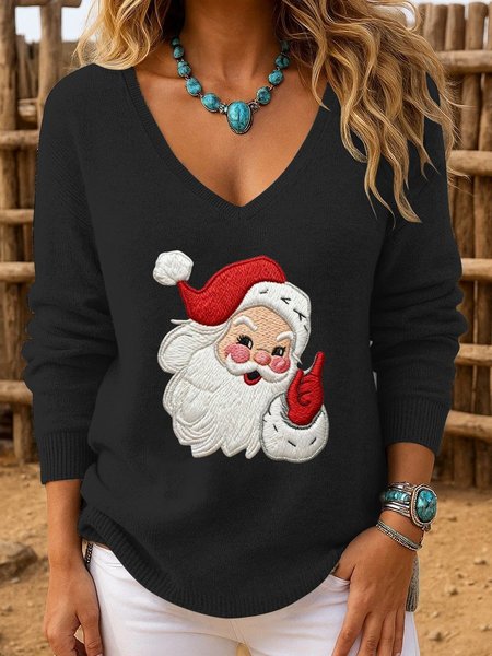 

Loose Simple V Neck Christmas Knit Top Sweater, Black, Sweaters