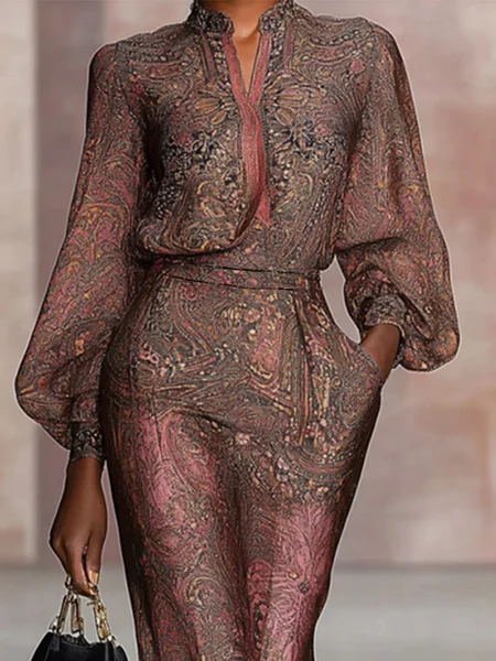 

Casual Ethnic Printing Stand Collar Balloon Sleeve Blouse, As picture, Blouses and Shirts