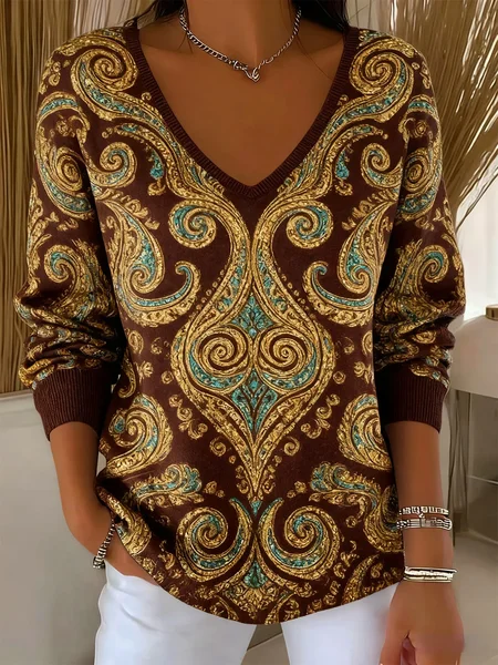 Women Ethnic Long Sleeve Tee T-shirt V Neck Printing Casual Spring/Fall Top